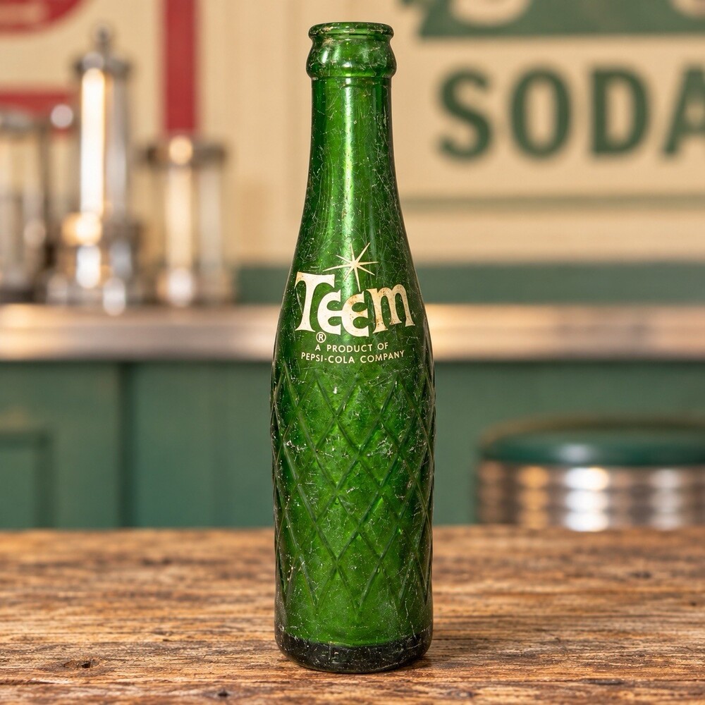 Teem Soda Bottle Pepsi Cola Product Green Quilted ACL 10oz Empty Vintage